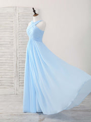 Simple V Neck Chiffon Blue Long Corset Prom Dress Blue Corset Bridesmaid Dress outfit, Summer Wedding