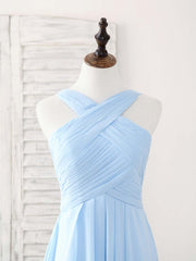 Simple V Neck Chiffon Blue Long Corset Prom Dress Blue Corset Bridesmaid Dress outfit, Ball Dress