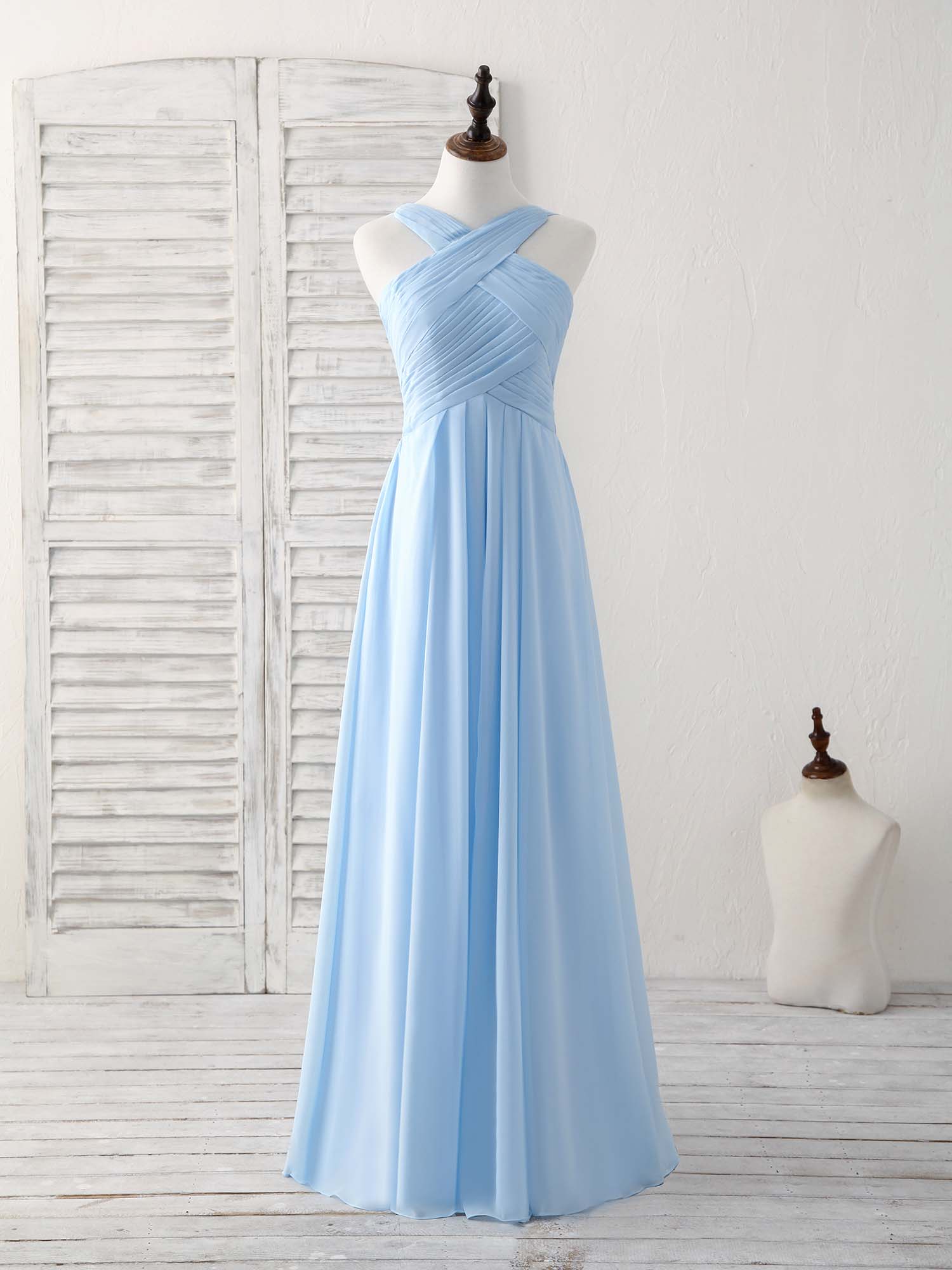Simple V Neck Chiffon Blue Long Corset Prom Dress Blue Corset Bridesmaid Dress outfit, Long Sleeve Dress