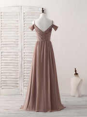 Simple V Neck Dark Champagne Chiffon Long Corset Prom Dress, Corset Bridesmaid Dress outfit, Party Dress Boho
