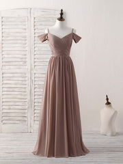 Simple V Neck Dark Champagne Chiffon Long Corset Prom Dress, Corset Bridesmaid Dress outfit, Party Dress Set