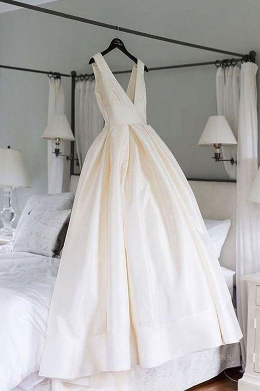 Simple V Neck Ivory Satin Long Corset Prom Dress, Open Back Ivory Corset Formal Evening Dress, Ivory Corset Wedding Dress outfit, Wedding Dresses Gowns