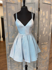Simple v neck light blue short Corset Prom dress, blue Corset Homecoming dress outfit, Prom Dress 2033