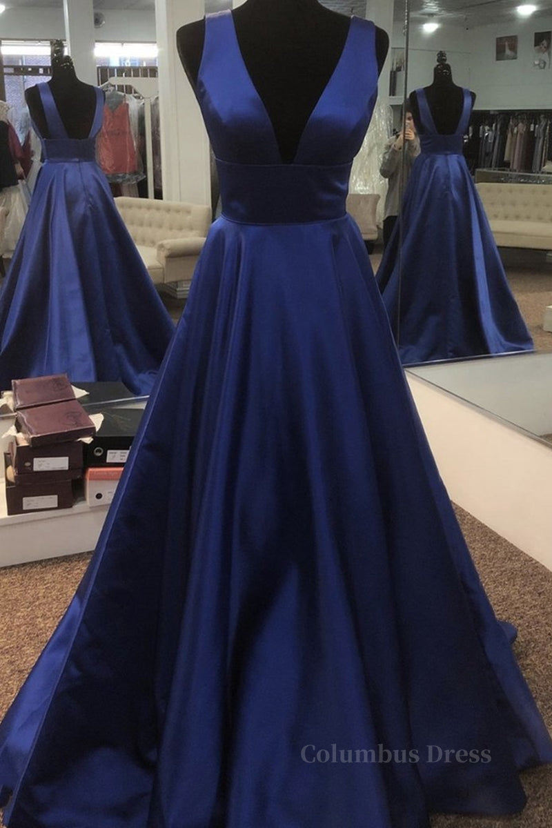 Simple V Neck Open Back Blue Long Corset Prom Dress, V Neck Blue Corset Formal Dress, Blue Evening Dress outfit, Homecoming Dress Classy Elegant