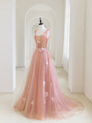 Simple v neck pink tulle long Corset Prom dress, pink evening dress outfit, Prom Dress Long Elegent