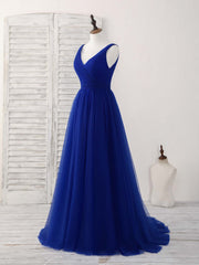 Simple V Neck Royal Blue Tulle Long Corset Prom Dress Blue Evening Dress outfit, Bride Dress