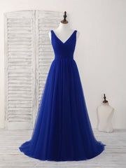 Simple V Neck Royal Blue Tulle Long Corset Prom Dress Blue Evening Dress outfit, Bachelorette Party Outfit