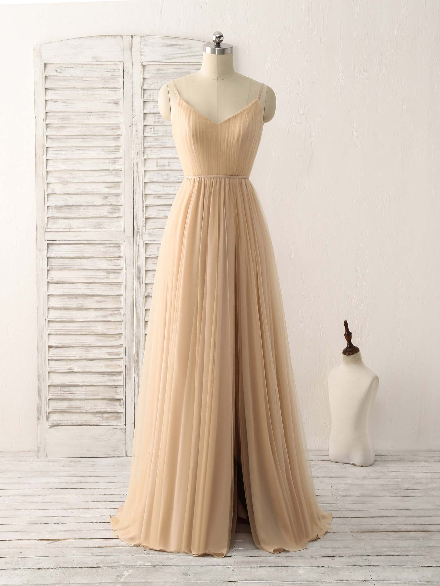 Simple V Neck Tulle Chiffon Long Corset Prom Dress Champagne Corset Bridesmaid Dress outfit, Modest Prom Dress