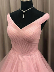 Simple V Neck Tulle Long Pink Corset Prom Dress, Pink Tulle Corset Formal Dresses outfit, Party Dress Hair Style