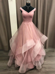 Simple V Neck Tulle Long Pink Corset Prom Dress, Pink Tulle Corset Formal Dresses outfit, Party Dresses Styles