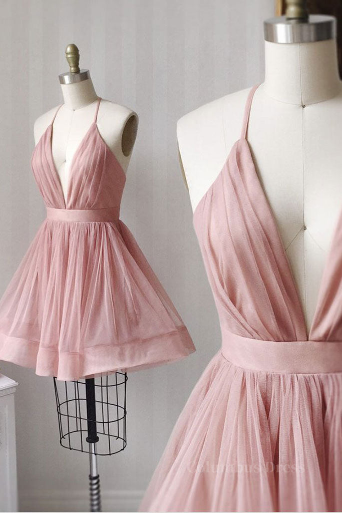 Simple v neck tulle pink short Corset Prom dress pink Corset Bridesmaid dress outfit, Prom Dress Boho