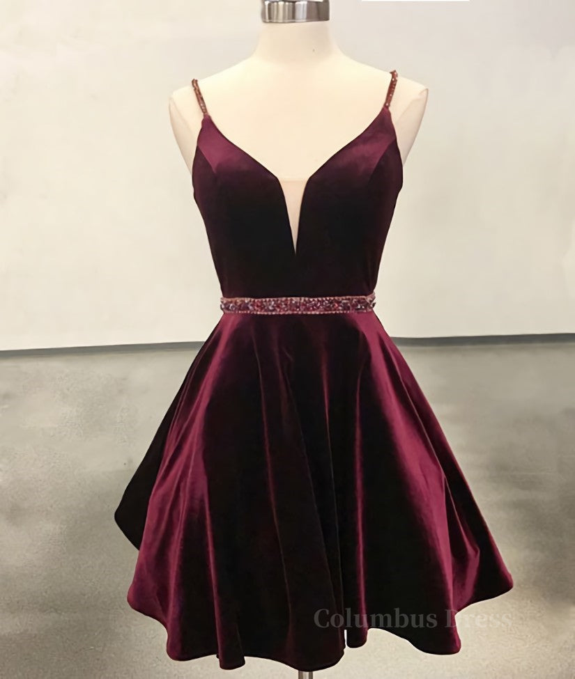 Simple v neck velvet short burgundy Corset Prom dress, burgundy Corset Homecoming dress outfit, Evening Dresses Off The Shoulder