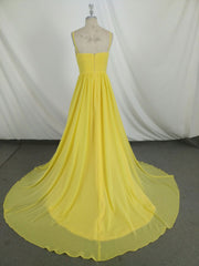Simple V Neck Yellow Chiffon Long Corset Prom Dress, Yellow Evening Dress outfit, Prom Dresses 3 16 Sleeves