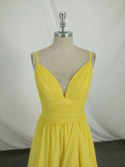 Simple V Neck Yellow Chiffon Long Corset Prom Dress, Yellow Evening Dress outfit, Prom Dresses For Warm Weather