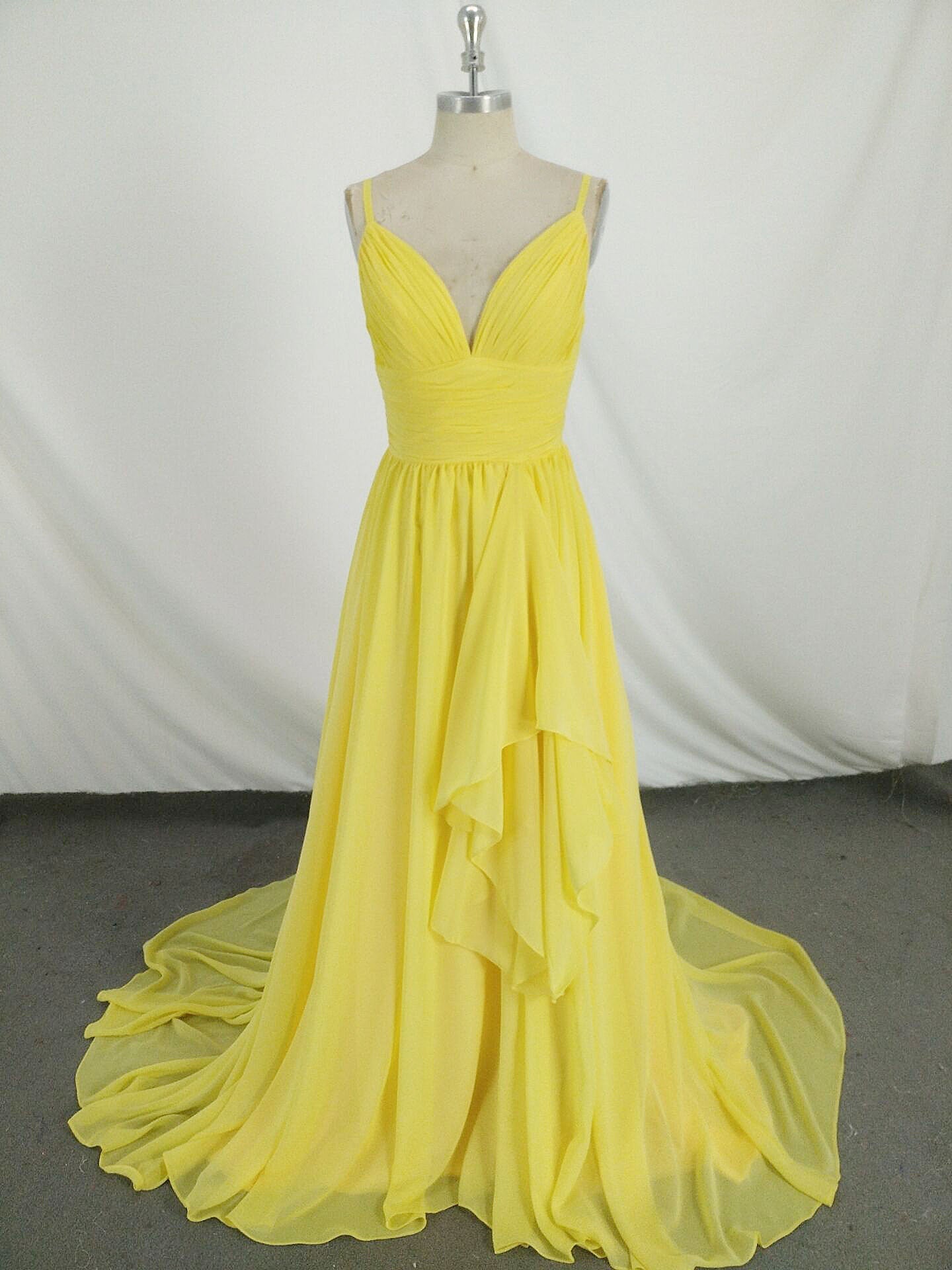 Simple V Neck Yellow Chiffon Long Corset Prom Dress, Yellow Evening Dress outfit, Prom Dress 3 16 Sleeves