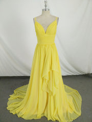 Simple V Neck Yellow Chiffon Long Corset Prom Dress, Yellow Evening Dress outfit, Prom Dress 3 16 Sleeves