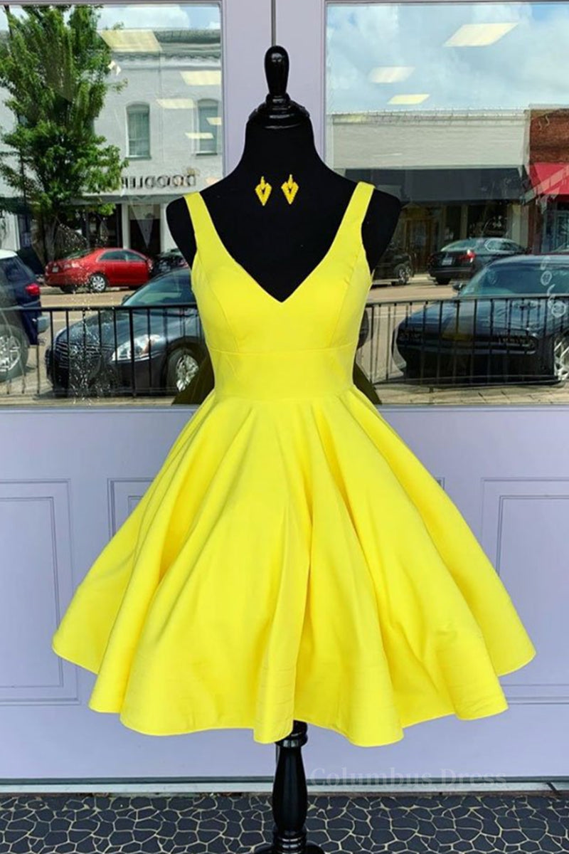 Simple V Neck Yellow Short Corset Prom Dress, V Neck Yellow Corset Homecoming Dress, Yellow Graduation Corset Formal Evening Dress outfit, Evening Dresses Cocktail