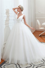 Simple White A Line V Neck Open Back Tulle Corset Wedding Dresses outfit, Wedding Dress Petite