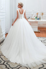 Simple White A Line V Neck Open Back Tulle Corset Wedding Dresses outfit, Wedding Dresses Petite