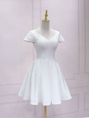 Simple White V Neck Lace Short Corset Prom Dress, White Corset Bridesmaid Dress outfit, 19 Th Grade Dance Dress