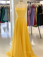 Simple yellow chiffon long Corset Prom dress, yellow Corset Formal dress outfit, Homecoming Dresses Pockets