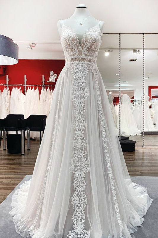 Simply Long A-line Tulle Lace Open Back Corset Wedding Dresses outfit, Wedding Dresses Colorful