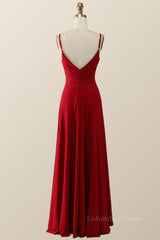 Simply Red Pleated Satin Long Corset Bridesmaid Dress outfit, Prom Dress Shop