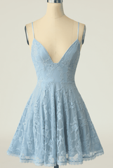 Sky Blue A-line V Neck Lace-Up Back Lace Mini Corset Homecoming Dress outfit, Party Dress Halter Neck