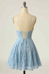Sky Blue A-line V Neck Lace-Up Back Lace Mini Corset Homecoming Dress outfit, Backless Prom Dress