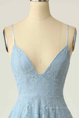 Sky Blue A-line V Neck Lace-Up Back Lace Mini Corset Homecoming Dress outfit, Long Dress Formal