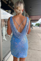 Sky Blue Sequins Sheath Corset Homecoming Dress with Split Front Gowns, Sky Blue Sequins Sheath Homecoming Dress with Split Front