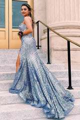 Sky Blue Sequins Strapless Long Corset Prom Dress outfits, Sky Blue Sequins Strapless Long Prom Dress