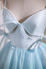 Sky Blue Spaghetti Straps Party Dress, Cute A-Line Tulle Corset Homecoming Dress outfit, Prom Dress Gold