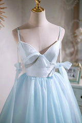 Sky Blue Spaghetti Straps Party Dress, Cute A-Line Tulle Corset Homecoming Dress outfit, Prom Dresses Two Piece