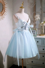 Sky Blue Spaghetti Straps Party Dress, Cute A-Line Tulle Corset Homecoming Dress outfit, Bridesmaid Dress