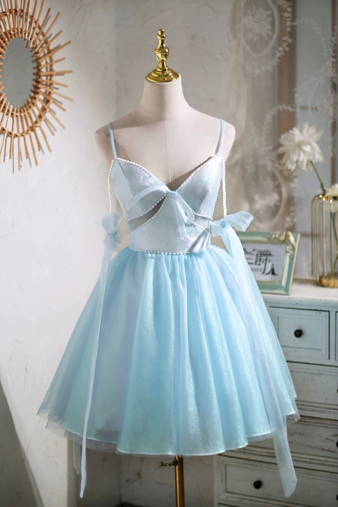 Sky Blue Spaghetti Straps Party Dress, Cute A-Line Tulle Corset Homecoming Dress outfit, Summer Dress