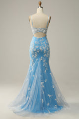 Sky Blue Straps Mermaid Appliques Cut-Out Long Corset Prom Dress with Slit Gowns, Prom Dresses Pattern