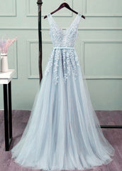 Sliver-Grey Tulle Long Lace V-neckline Party Dress, Floor Length Corset Prom Dress outfits, Elegant Wedding