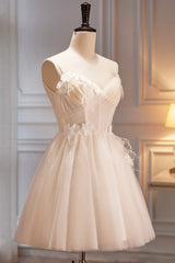 Spaghetti Strap V Neck Tulle Short Corset Prom Dress, Cute Champagne Corset Homecoming Dress outfit, Fall Wedding Color