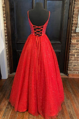 Spaghetti Straps A-line Red Shiny Corset Prom Gown,Long Corset Prom Dresses outfit, Prom Dress Simple