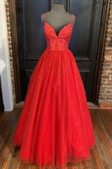 Spaghetti Straps A-line Red Shiny Corset Prom Gown,Long Corset Prom Dresses outfit, Prom Dresses Simple