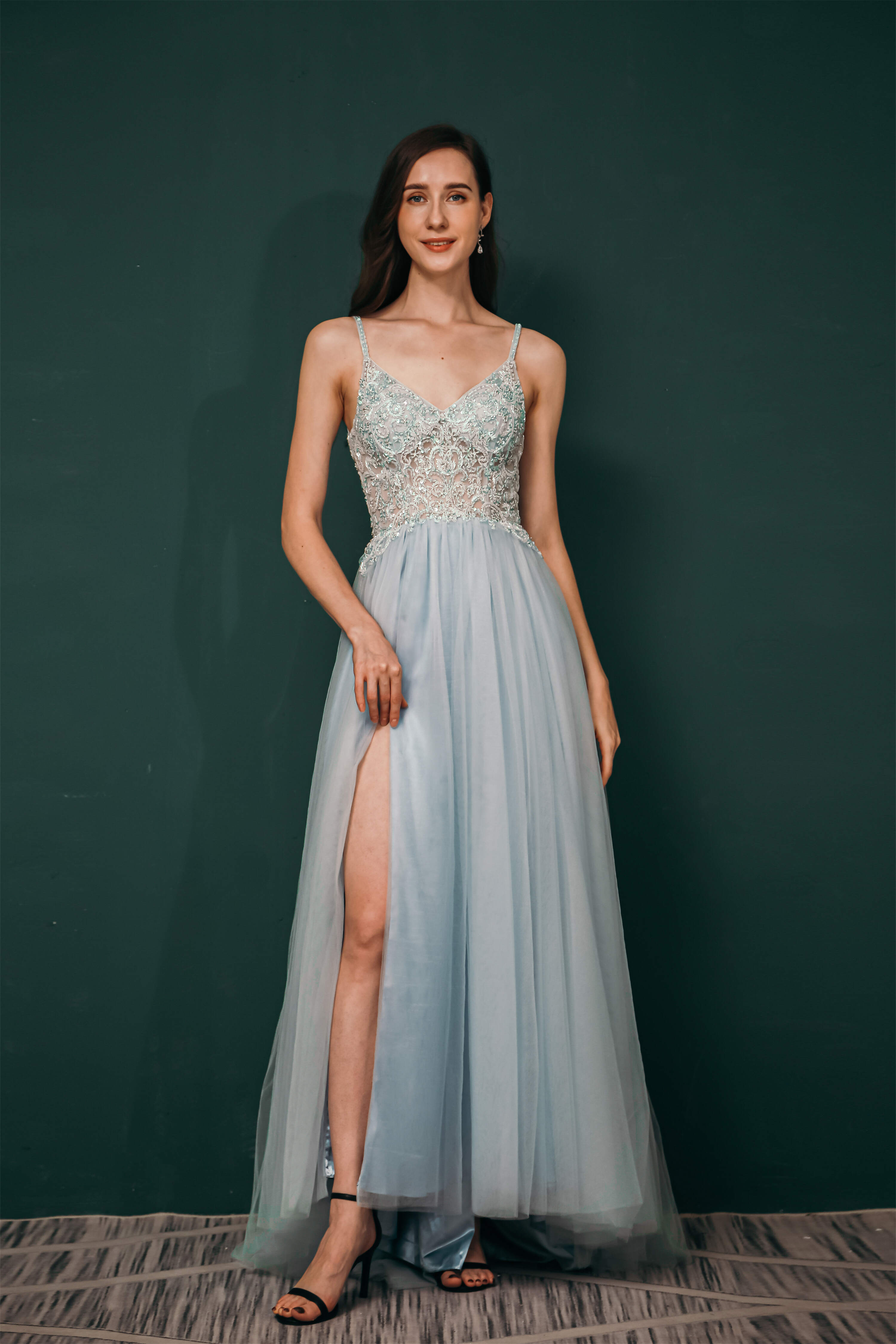 Spaghetti Straps Beading Front Split Long Sky Blue Corset Prom Dresses outfit, Silk Wedding Dress
