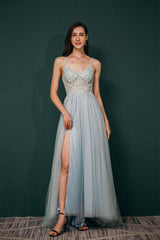 Spaghetti Straps Beading Front Split Long Sky Blue Corset Prom Dresses outfit, Silk Wedding Dress