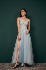 Spaghetti Straps Beading Front Split Long Sky Blue Corset Prom Dresses outfit, Winter Formal