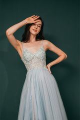Spaghetti Straps Beading Front Split Long Sky Blue Corset Prom Dresses outfit, Wedding Color Palette