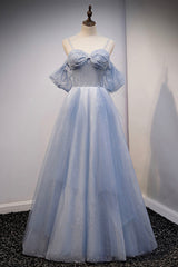 Spaghetti Straps Blue Tulle Long Corset Prom Dress, Off the Shoulder Evening Dress outfit, Formals Dresses Short
