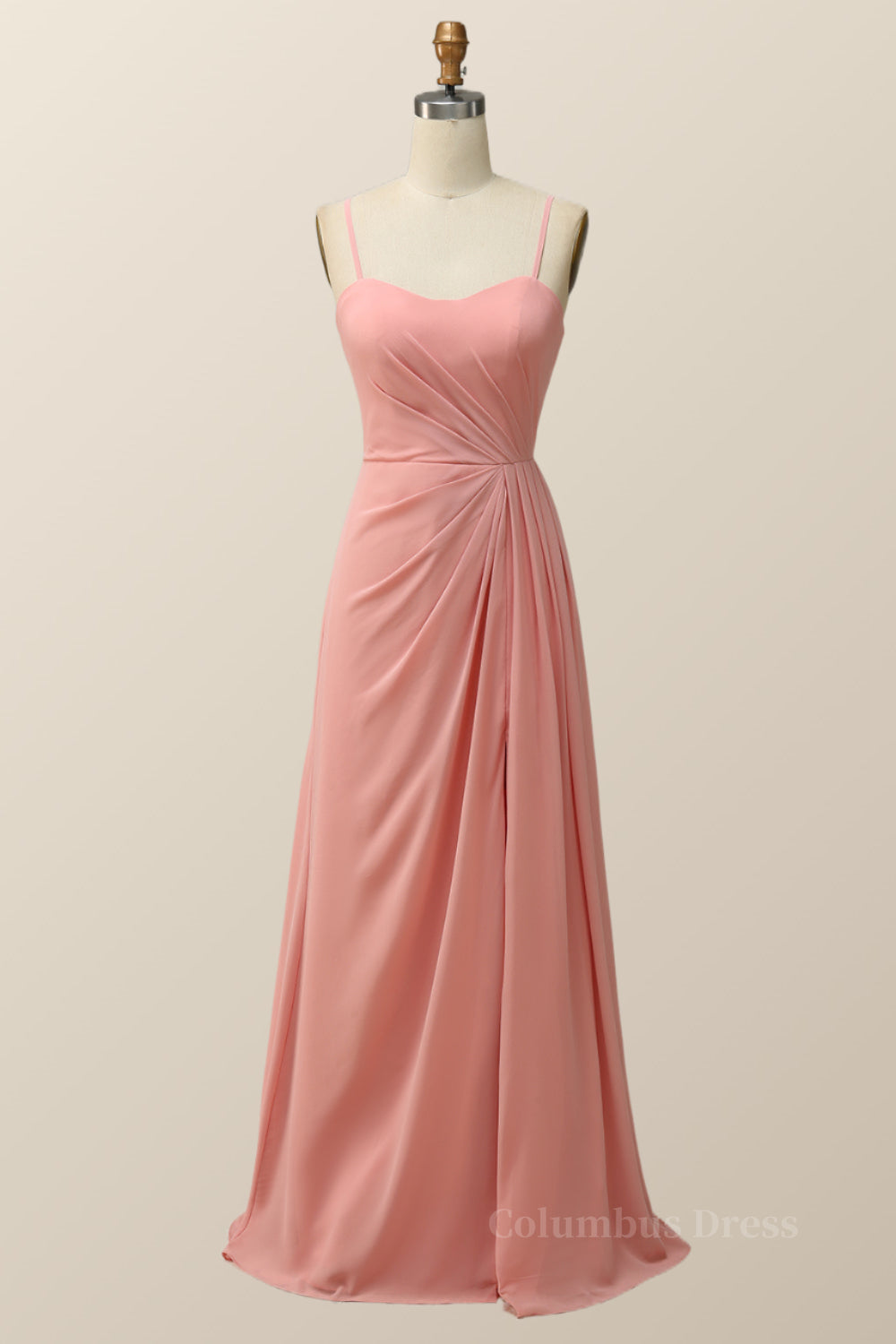 Spaghetti Straps Blush Pink Chiffon A-line Long Corset Bridesmaid Dress outfit, Prom Dresses 2018