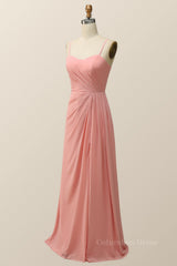 Spaghetti Straps Blush Pink Chiffon A-line Long Corset Bridesmaid Dress outfit, Prom Dresses 2023