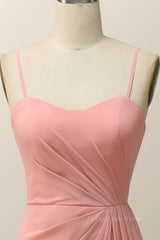 Spaghetti Straps Blush Pink Chiffon A-line Long Corset Bridesmaid Dress outfit, Prom Dresses A Line