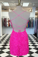 Spaghetti Straps Hot Pink Bodycon Mini Dress,Graduation Dresses outfit, Homecoming Dresses Chiffon